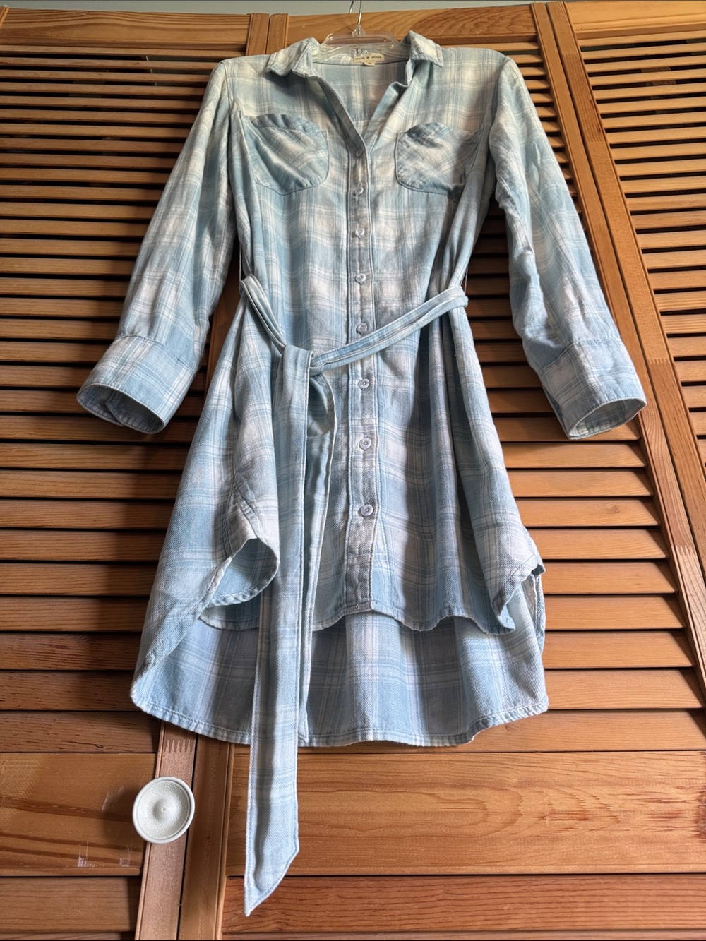 cloth & stone Light Blue Plaid Shirt Dress with Tie Belt